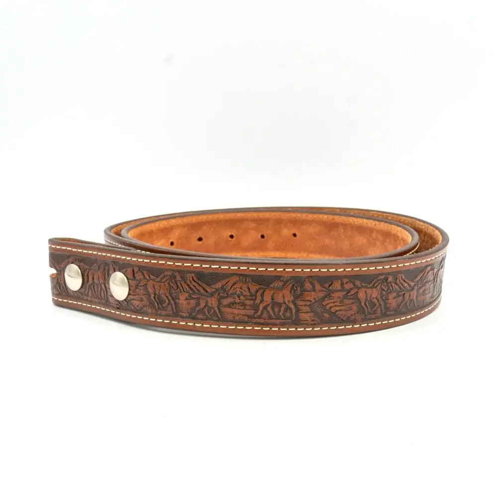 Amish Made BRENNEMAN Leather Goods Horse Scene Tooled Belt Size 44 Brown